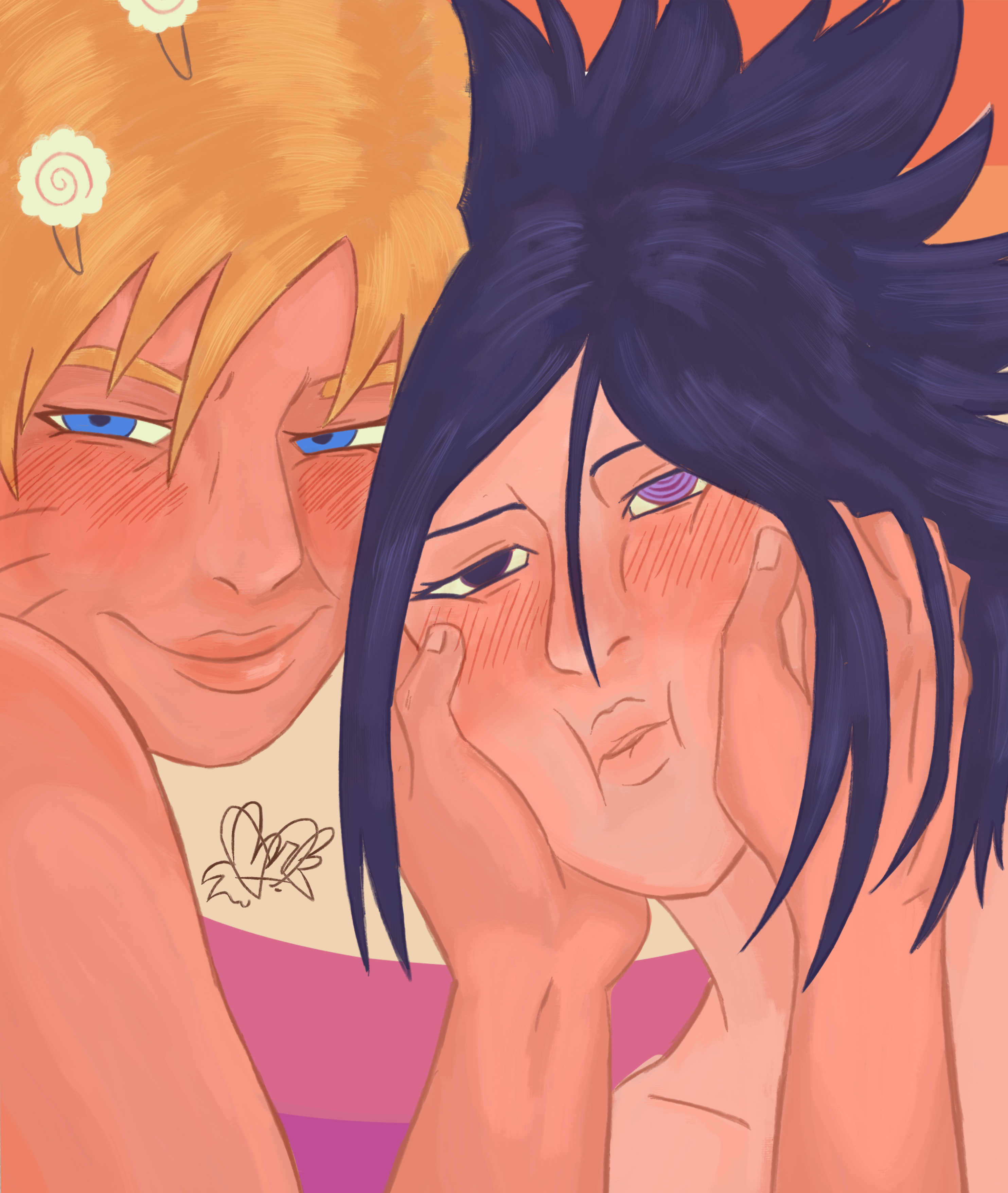 A picture of a female Naruto, based off of early design, 
                    smiling mischievously at the viewer. She is blushing and holding a female Sasuke's face, squishing her 
                    cheeks slightly. Sasuke is blushing too, and she looks slightly annoyed. The background is colored similar 
                    to the orange-pink lesbian flag.